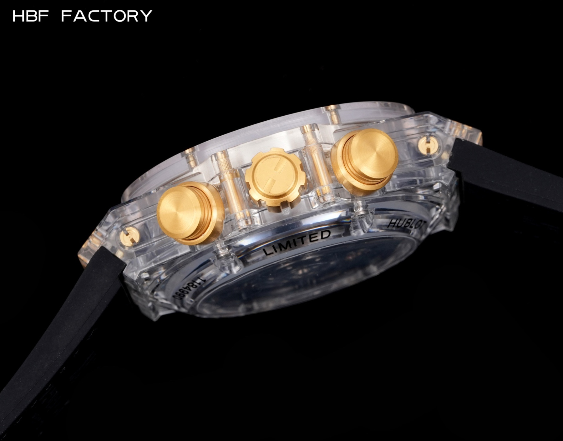 HBF  FACTORY 恆寶HUBLOT 宇舶表年度最佳復刻作品——宇舶BIG BANG系列411.JX.4802.RT“全透明腕表”
【精彩細節】1.還原正品錶盤後龍飛鳳舞的鏤空佈局，2.採用與原裝同樣的丙烯酸有機玻璃極致克隆——完成不可能完成的任務。該材質不僅硬度高，且具有抗鑫腐蝕，耐磨損等卓越物理特性。
【機芯功能】腕表直徑45mm。採用增強版計時7750機芯改原裝HUB.1242型芯，實現所有功能吻合正裝。
【精益求精】全力以赴，層層把關，在保證完美“透視感官”的同時，竭心盡力還原正品