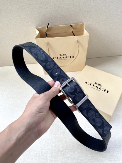 寬度3.8cm COACH 這款雙面腰帶一面為經典標誌帆布材質，另一面為精制皮革材質，配有標誌性扣件，將兩種外形合二為一。通過簡單的說明，可用剪刀剪裁至完美合身度。
標誌印花配頭層牛皮
可裁剪
雙面
38M (寬)
