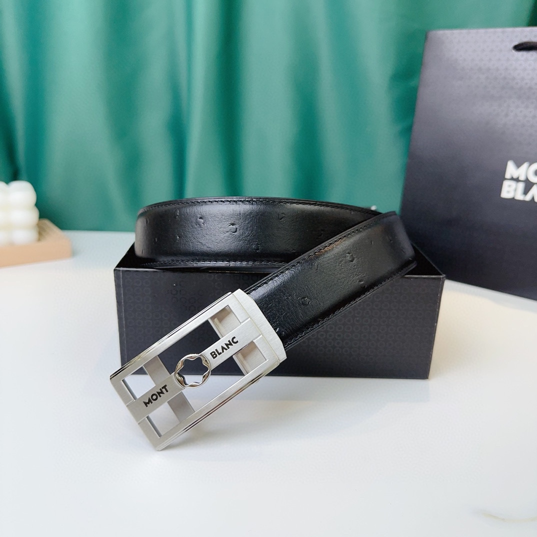 萬寶龍：原單頭層牛皮駝鳥紋面，內襯頭層小牛皮底，搭配原單自動扣，可裁剪的自動帶，此款腰帶面雙採用意大利原定廠制進口牛皮帶身 ，對專版櫃足寬3.5