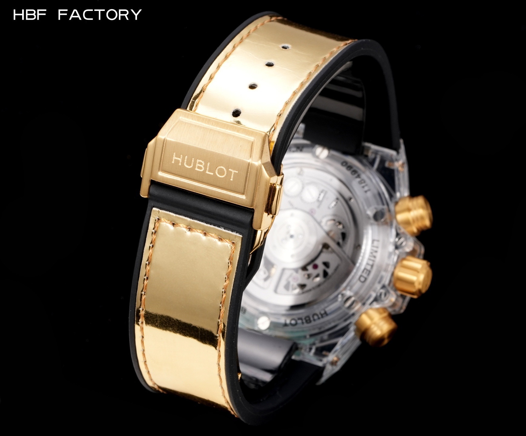 HBF  FACTORY 恆寶HUBLOT 宇舶表年度最佳復刻作品——宇舶BIG BANG系列411.JX.4802.RT“全透明腕表”
【精彩細節】1.還原正品錶盤後龍飛鳳舞的鏤空佈局，2.採用與原裝同樣的丙烯酸有機玻璃極致克隆——完成不可能完成的任務。該材質不僅硬度高，且具有抗鑫腐蝕，耐磨損等卓越物理特性。
【機芯功能】腕表直徑45mm。採用增強版計時7750機芯改原裝HUB.1242型芯，實現所有功能吻合正裝。
【精益求精】全力以赴，層層把關，在保證完美“透視感官”的同時，竭心盡力還原正品