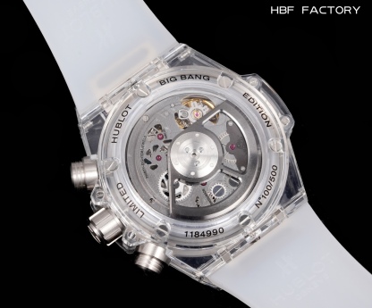 HBF  FACTORY 恆寶HUBLOT 宇舶表年度最佳復刻作品——宇舶BIG BANG系列411.JX.4802.RT“全透明腕表”
【精彩細節】1.還原正品錶盤後龍飛鳳舞的鏤空佈局，2.採用與原裝同樣的丙烯酸有機玻璃極致克隆——完成不可能完成的任務。該材質不僅硬度高，且具有抗鑫腐蝕，耐磨損等卓越物理特性。
【機芯功能】腕表直徑45mm。採用增強版計時7750機芯改原裝HUB.1242型芯，實現所有功能吻合正裝。
【精益求精】全力以赴，層層把關，在保證完美“透視感官”的同時，竭心盡力還原正品