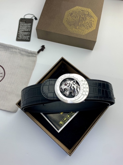 【史蒂芬】專櫃鰐魚紋黑色牛皮腰帶，元夾層系列，搭配新款不鏽鋼虎頭扣，寬度3.8cm，長度不可調節，尺碼（85-110）具有獨特吸引力！