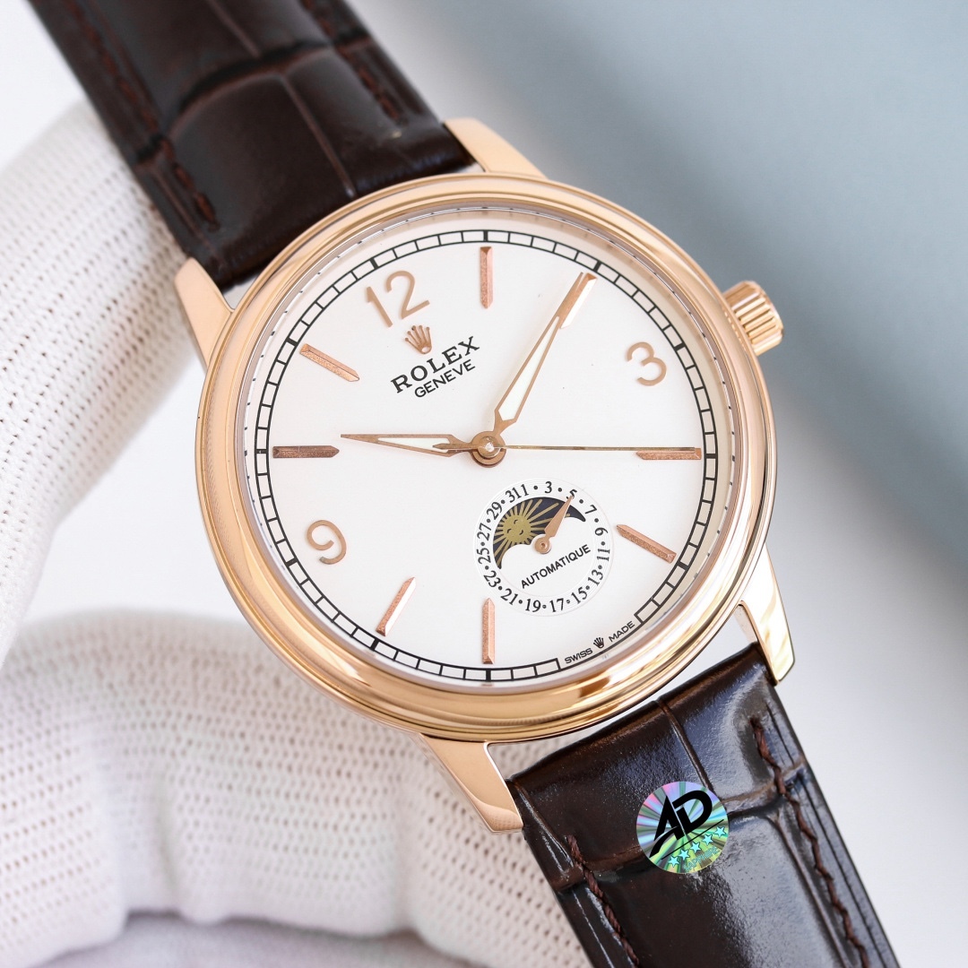 台灣廠最新力作，市場最高版本最新推薦款，勞力士👑切利尼月相系列.男士腕表簡單不失大氣[勝利]搭載精准瑞士ETA2824-2機芯（6字位真日曆與24小時日月星辰功能）40mm表徑，316精鋼表殼，耐磨抗刮藍寶石玻璃，原裝品質針扣，具備超強防水功能，搭配意大利牛皮讓手腕更貼合舒適！TW工廠出品的勞力士充分體現了高級制表業最純粹的傳統！適合各種商務場合，簡斂精緻不失優雅！