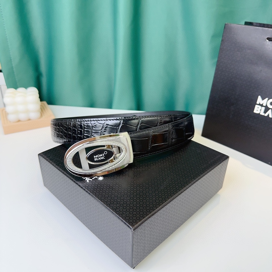 萬寶龍：原單頭層牛皮駝鳥紋面，內襯頭層小牛皮底，搭配原單自動扣，可裁剪的自動帶，此款腰帶面雙採用意大利原定廠制進口牛皮帶身 ，對專版櫃足寬3.5