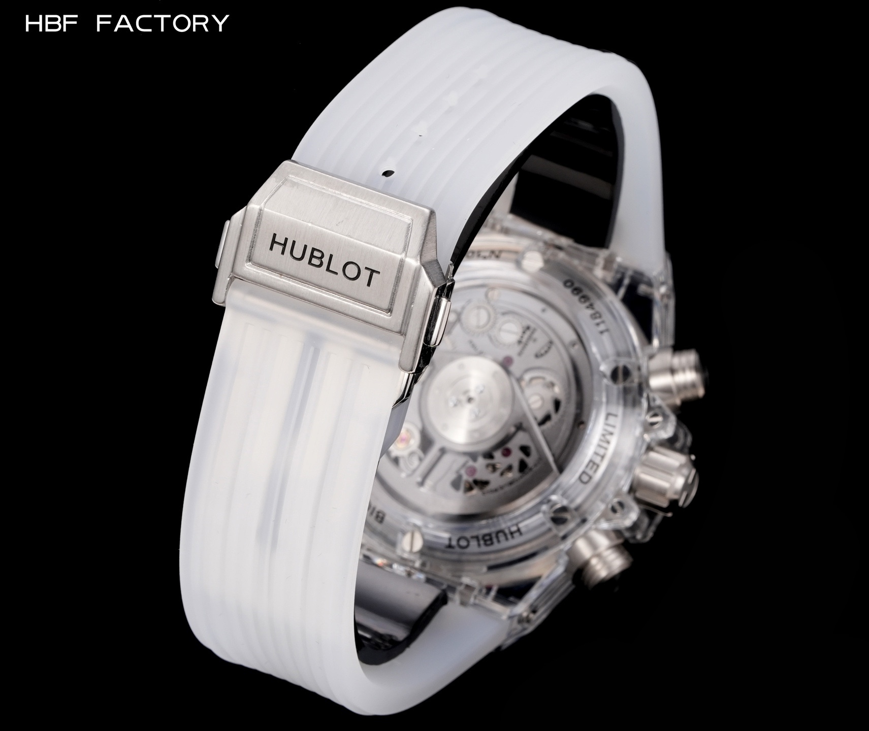 HBF  FACTORY 恆寶HUBLOT 宇舶表年度最佳復刻作品——宇舶BIG BANG系列411.JX.4802.RT“全透明腕表”
【精彩細節】1.還原正品錶盤後龍飛鳳舞的鏤空佈局，2.採用與原裝同樣的丙烯酸有機玻璃極致克隆——完成不可能完成的任務。該材質不僅硬度高，且具有抗鑫腐蝕，耐磨損等卓越物理特性。
【機芯功能】腕表直徑45mm。採用增強版計時7750機芯改原裝HUB.1242型芯，實現所有功能吻合正裝。
【精益求精】全力以赴，層層把關，在保證完美“透視感官”的同時，竭心盡力還原正品