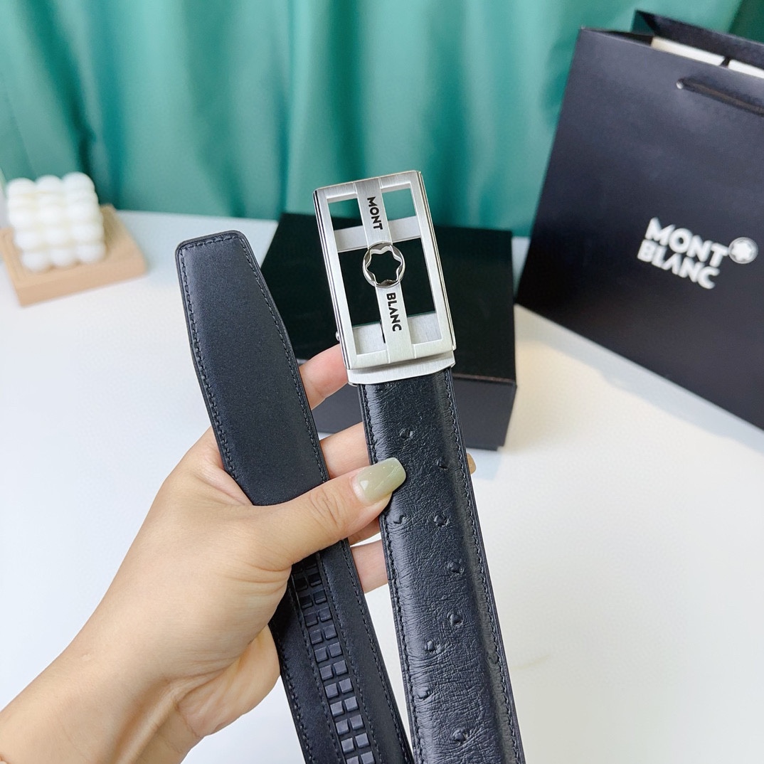 萬寶龍：原單頭層牛皮駝鳥紋面，內襯頭層小牛皮底，搭配原單自動扣，可裁剪的自動帶，此款腰帶面雙採用意大利原定廠制進口牛皮帶身 ，對專版櫃足寬3.5