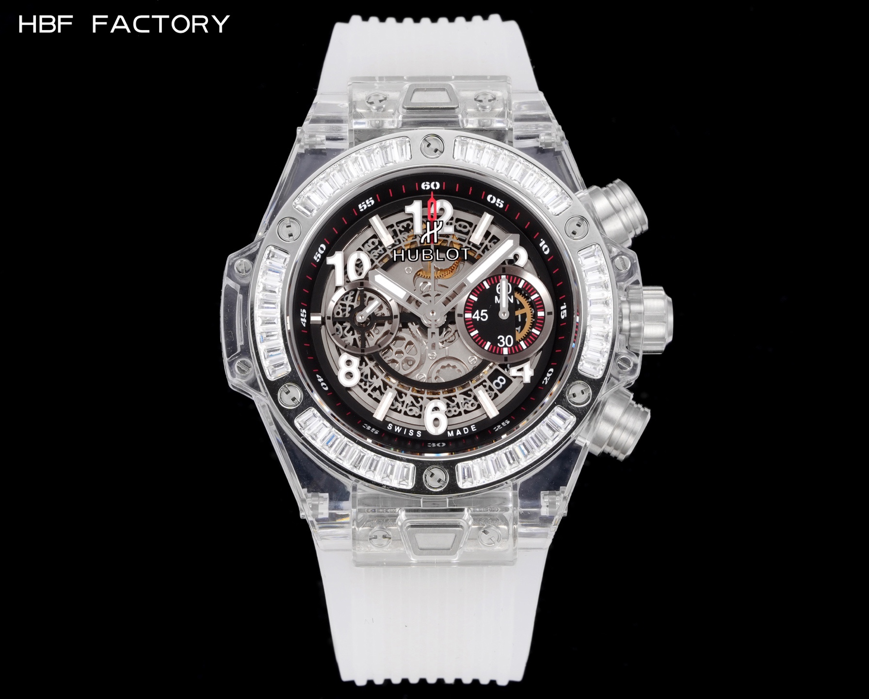 HBF  FACTORY 恆寶HUBLOT 宇舶表年度最佳復刻作品——宇舶BIG BANG系列411.JX.4802.RT“全透明腕表”
【精彩細節】1.還原正品錶盤後龍飛鳳舞的鏤空佈局，2.採用與原裝同樣的丙烯酸有機玻璃極致克隆——完成不可能完成的任務。該材質不僅硬度高，且具有抗鑫腐蝕，耐磨損等卓越物理特性。
【機芯功能】腕表直徑45mm。採用增強版計時7750機芯改原裝HUB.1242型芯，實現所有功能吻合正裝。
【精益求精】全力以赴，層層把關，在保證完美“透視感官”的同時，竭心盡力還原正品