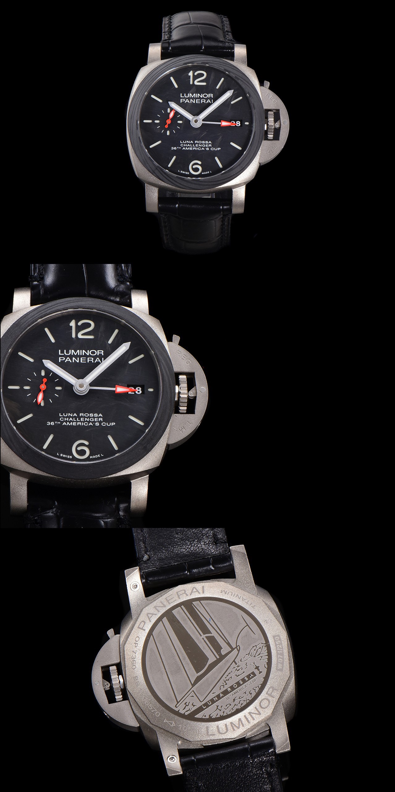 SB限量發行：沛納海廬米諾系列PAM01096腕表，鈦金屬表殼搭配意大利進口小牛皮錶帶，Scafotech TM 材料錶盤，阿拉伯數字及小時標示以白色Super-LumiNova TM 夜光塗層塗覆，綠色夜光顯示。印有特別制訂的「Luna Rossa Challenger 36th America’s Cup」字樣，搭載P.9010/GMT型自動機芯，42毫米。