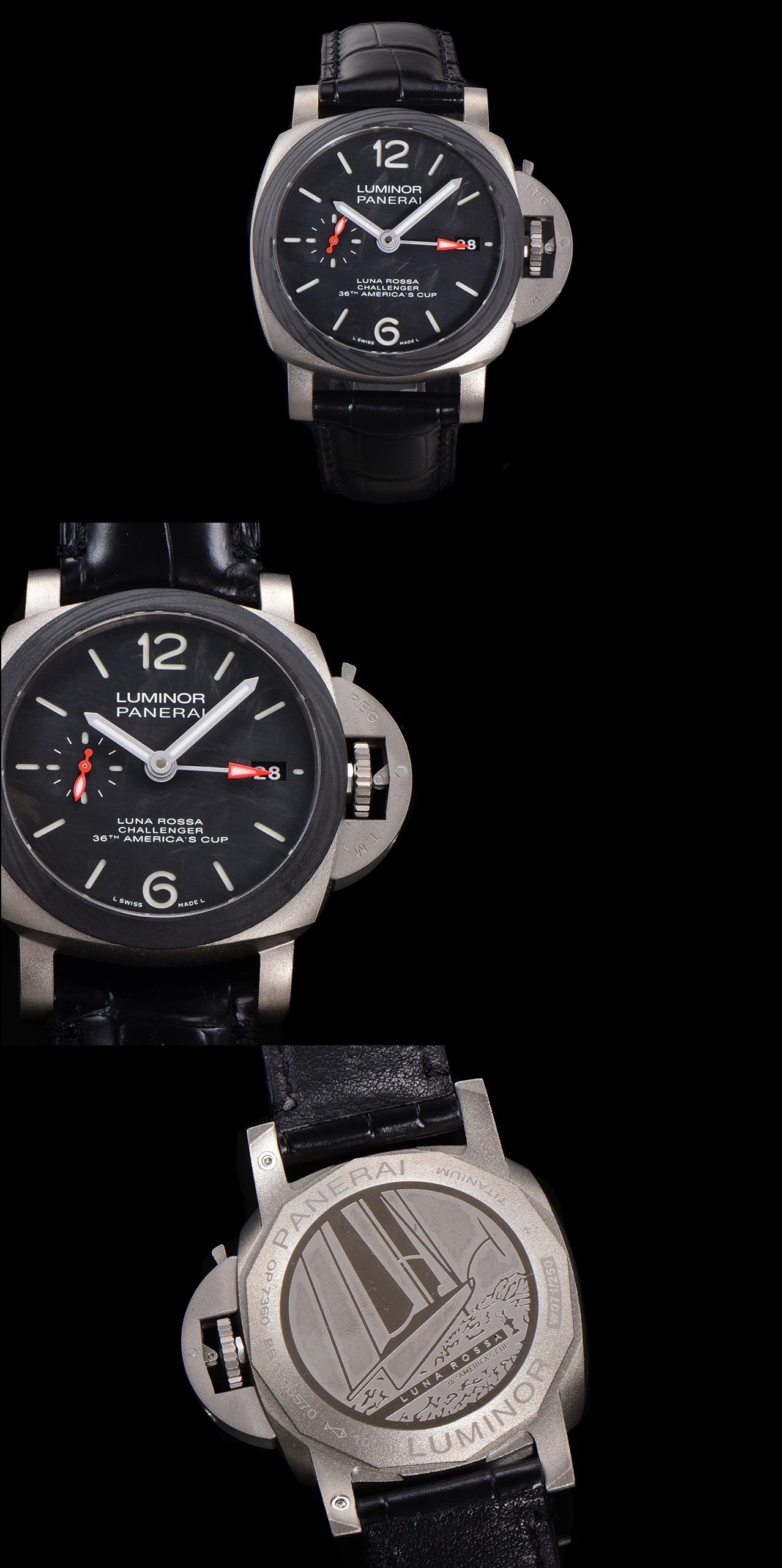 SB限量發行：沛納海廬米諾系列PAM01096腕表，鈦金屬表殼搭配意大利進口小牛皮錶帶，Scafotech TM 材料錶盤，阿拉伯數字及小時標示以白色Super-LumiNova TM 夜光塗層塗覆，綠色夜光顯示。印有特別制訂的「Luna Rossa Challenger 36th America’s Cup」字樣，搭載P.9010/GMT型自動機芯，42毫米。