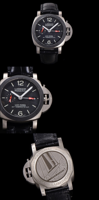 SB限量發行：沛納海廬米諾系列PAM01096腕表，鈦金屬表殼搭配意大利進口小牛皮錶帶，Scafotech TM 材料錶盤，阿拉伯數字及小時標示以白色Super-LumiNova TM 夜光塗層塗覆，綠色夜光顯示。印有特別制訂的「Luna Rossa Challenger 36th America’s Cup」字樣，搭載P.9010/GMT型自動機芯，42毫米。