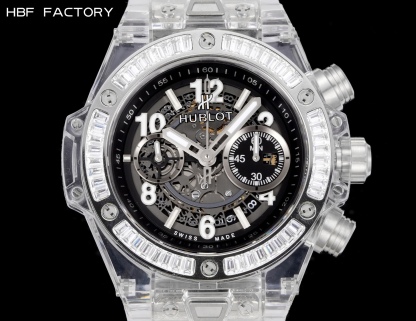 HBF  FACTORY 恆寶HUBLOT 宇舶表年度最佳復刻作品——宇舶BIG BANG系列411.JX.4802.RT“全透明腕表”
【精彩細節】1.還原正品錶盤後龍飛鳳舞的鏤空佈局，2.採用與原裝同樣的丙烯酸有機玻璃極致克隆——完成不可能完成的任務。該材質不僅硬度高，且具有抗鑫腐蝕，耐磨損等卓越物理特性。
【機芯功能】腕表直徑45mm。採用增強版計時7750機芯改原裝HUB.1242型芯，實現所有功能吻合正裝。
【精益求精】全力以赴，層層把關，在保證完美“透視感官”的同時，竭心盡力還原正品