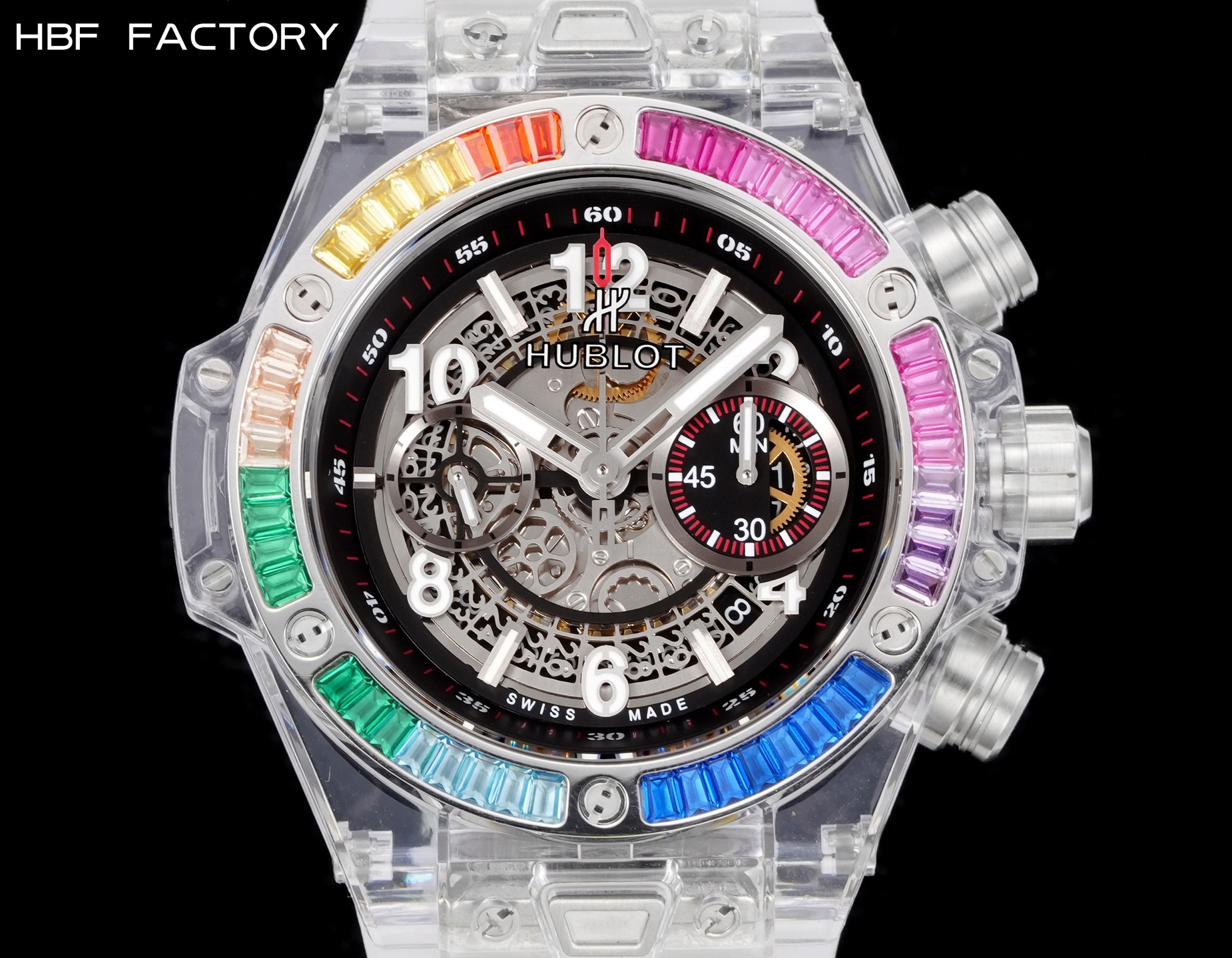 HBF  FACTORY 恆寶HUBLOT 宇舶表年度最佳復刻作品——宇舶BIG BANG系列411.JX.4802.RT“全透明腕表”
【精彩細節】1.還原正品錶盤後龍飛鳳舞的鏤空佈局，2.採用與原裝同樣的丙烯酸有機玻璃極致克隆——完成不可能完成的任務。該材質不僅硬度高，且具有抗鑫腐蝕，耐磨損等卓越物理特性。
【機芯功能】腕表直徑45mm。採用增強版計時7750機芯改原裝HUB.1242型芯，實現所有功能吻合正裝。
【精益求精】全力以赴，層層把關，在保證完美“透視感官”的同時，竭心盡力還原正品