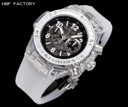 HBF  FACTORY 恆寶HUBLOT 宇舶表年度最佳復刻作品——宇舶BIG BANG系列411.JX.4802.RT“全透明腕表”
【精彩細節】1.還原正品錶盤後龍飛鳳舞的鏤空佈局，2.採用與原裝同樣的丙烯酸有機玻璃極致克隆——完成不可能完成的任務。該材質不僅硬度高，且具有抗鑫腐蝕，耐磨損等卓越物理特性。
【機芯功能】腕表直徑45mm。採用增強版計時7750機芯改原裝HUB.1242型芯，實現所有功能吻合正裝。
【精益求精】全力以赴，層層把關，在保證完美“透視感官”的同時，竭心盡力還原正品