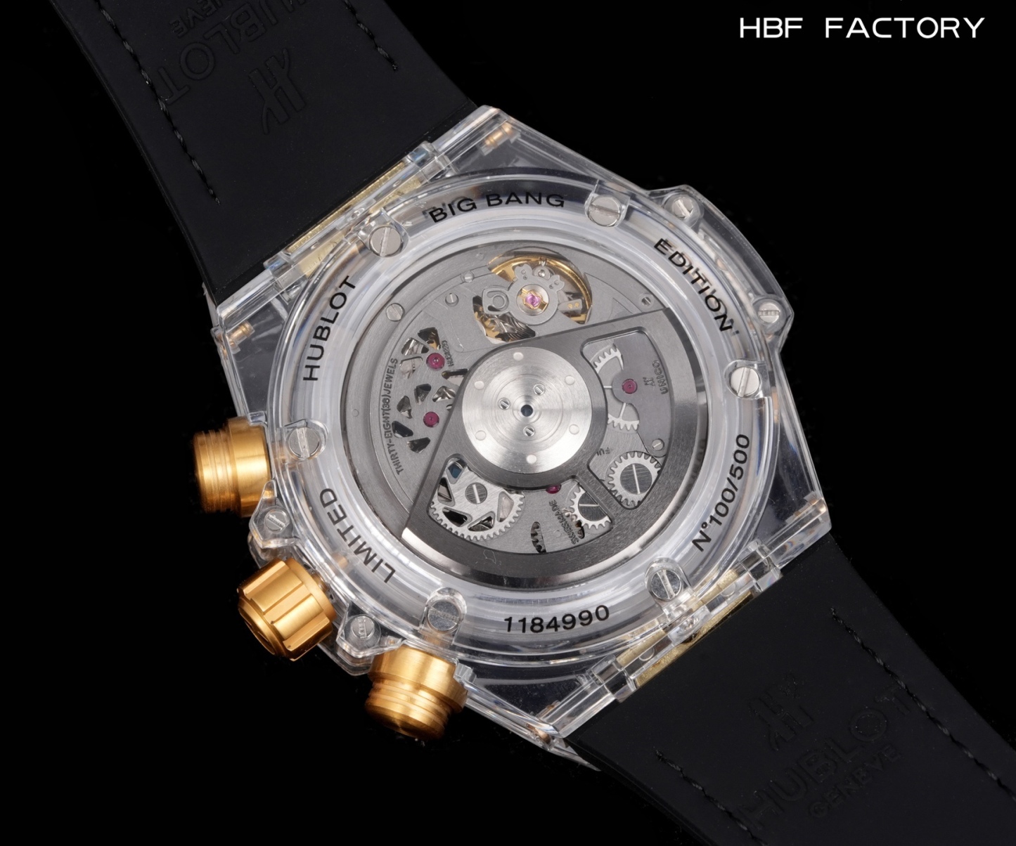 HBF  FACTORY 恆寶HUBLOT 宇舶表年度最佳復刻作品——宇舶BIG BANG系列411.JX.4802.RT“全透明腕表”
【精彩細節】1.還原正品錶盤後龍飛鳳舞的鏤空佈局，2.採用與原裝同樣的丙烯酸有機玻璃極致克隆——完成不可能完成的任務。該材質不僅硬度高，且具有抗鑫腐蝕，耐磨損等卓越物理特性。
【機芯功能】腕表直徑45mm。採用增強版計時7750機芯改原裝HUB.1242型芯，實現所有功能吻合正裝。
【精益求精】全力以赴，層層把關，在保證完美“透視感官”的同時，竭心盡力還原正品