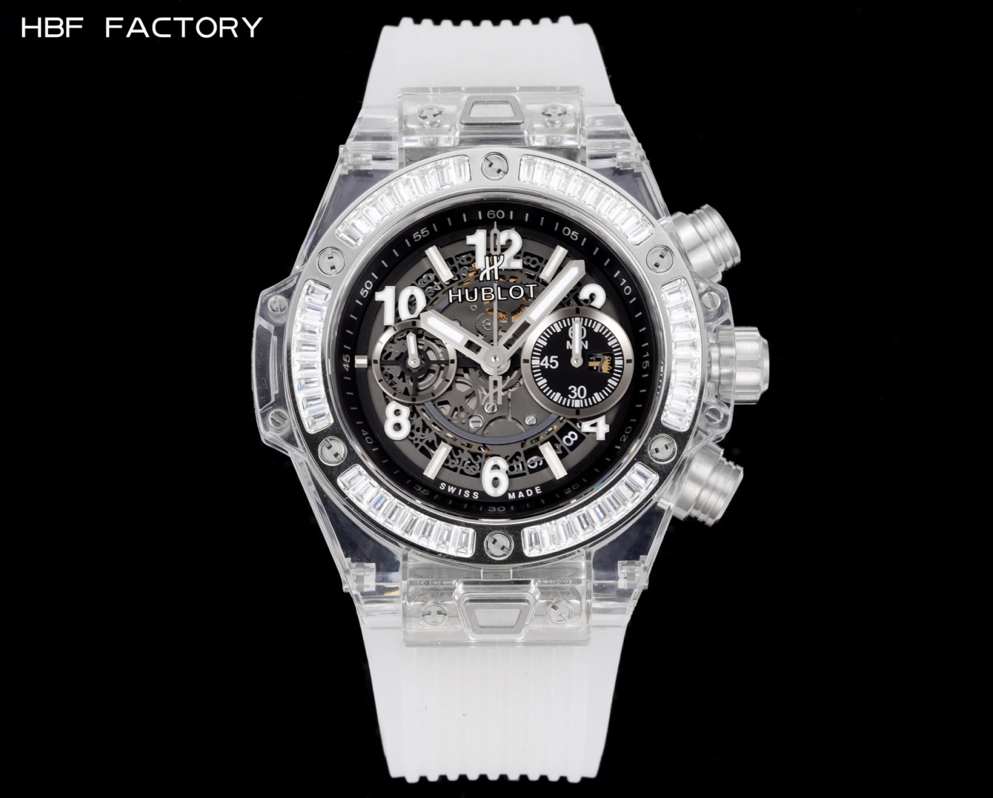HBF  FACTORY 恆寶HUBLOT 宇舶表年度最佳復刻作品——宇舶BIG BANG系列411.JX.4802.RT“全透明腕表”
【精彩細節】1.還原正品錶盤後龍飛鳳舞的鏤空佈局，2.採用與原裝同樣的丙烯酸有機玻璃極致克隆——完成不可能完成的任務。該材質不僅硬度高，且具有抗鑫腐蝕，耐磨損等卓越物理特性。
【機芯功能】腕表直徑45mm。採用增強版計時7750機芯改原裝HUB.1242型芯，實現所有功能吻合正裝。
【精益求精】全力以赴，層層把關，在保證完美“透視感官”的同時，竭心盡力還原正品