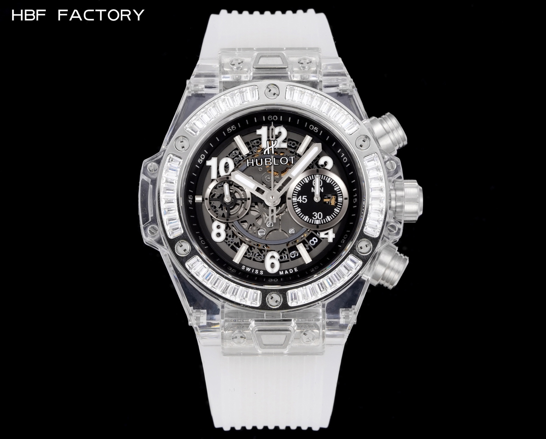 HBF  FACTORY 恆寶HUBLOT 宇舶表年度最佳復刻作品——宇舶BIG BANG系列411.JX.4802.RT“全透明腕表”
【精彩細節】1.還原正品錶盤後龍飛鳳舞的鏤空佈局，2.採用與原裝同樣的丙烯酸有機玻璃極致克隆——完成不可能完成的任務。該材質不僅硬度高，且具有抗鑫腐蝕，耐磨損等卓越物理特性。
【機芯功能】腕表直徑45mm。採用增強版計時7750機芯改原裝HUB.1242型芯，實現所有功能吻合正裝。
【精益求精】全力以赴，層層把關，在保證完美“透視感官”的同時，竭心盡力還原正品