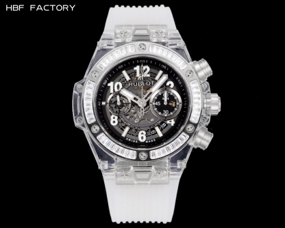 HBF  FACTORY 恆寶HUBLOT 宇舶表年度最佳復刻作品——宇舶BIG BANG系列411.JX.4802.RT“全透明腕表”
【精彩細節】1.還原正品錶盤後龍飛鳳舞的鏤空佈局，2.採用與原裝同樣的丙烯酸有機玻璃極致克隆——完成不可能完成的任務。該材質不僅硬度高，且具有抗鑫腐蝕，耐磨損等卓越物理特性。
【機芯功能】腕表直徑45mm。採用增強版計時7750機芯改原裝HUB.1242型芯，實現所有功能吻合正裝。
【精益求精】全力以赴，層層把關，在保證完美“透視感官”的同時，竭心盡力還原正品