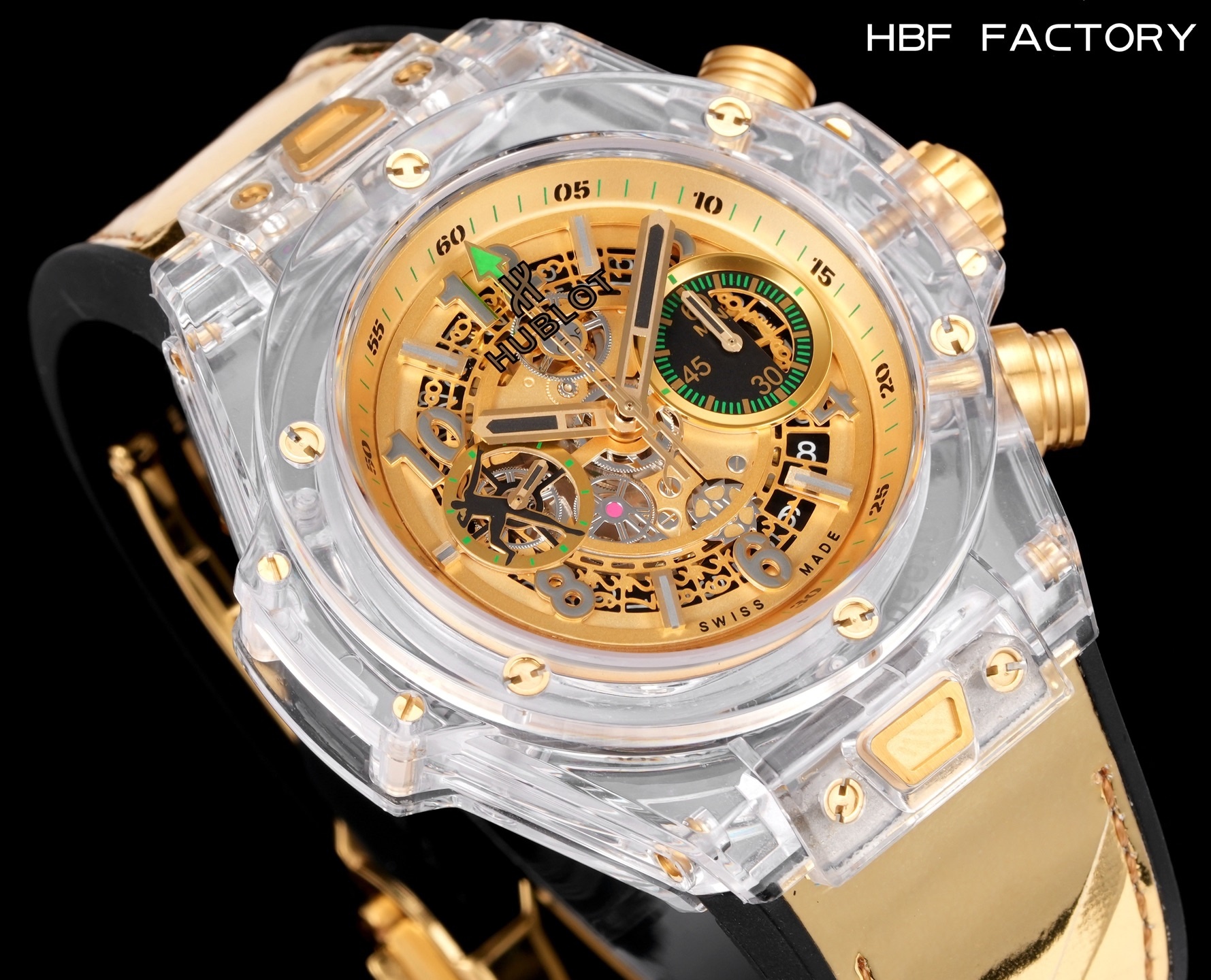 HBF  FACTORY 恆寶HUBLOT 宇舶表年度最佳復刻作品——宇舶BIG BANG系列411.JX.4802.RT“全透明腕表”
【精彩細節】1.還原正品錶盤後龍飛鳳舞的鏤空佈局，2.採用與原裝同樣的丙烯酸有機玻璃極致克隆——完成不可能完成的任務。該材質不僅硬度高，且具有抗鑫腐蝕，耐磨損等卓越物理特性。
【機芯功能】腕表直徑45mm。採用增強版計時7750機芯改原裝HUB.1242型芯，實現所有功能吻合正裝。
【精益求精】全力以赴，層層把關，在保證完美“透視感官”的同時，竭心盡力還原正品