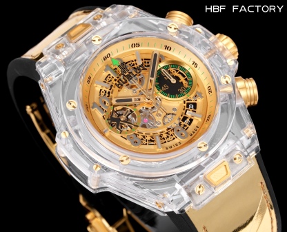 HBF  FACTORY 恆寶HUBLOT 宇舶表年度最佳復刻作品——宇舶BIG BANG系列411.JX.4802.RT“全透明腕表”
【精彩細節】1.還原正品錶盤後龍飛鳳舞的鏤空佈局，2.採用與原裝同樣的丙烯酸有機玻璃極致克隆——完成不可能完成的任務。該材質不僅硬度高，且具有抗鑫腐蝕，耐磨損等卓越物理特性。
【機芯功能】腕表直徑45mm。採用增強版計時7750機芯改原裝HUB.1242型芯，實現所有功能吻合正裝。
【精益求精】全力以赴，層層把關，在保證完美“透視感官”的同時，竭心盡力還原正品