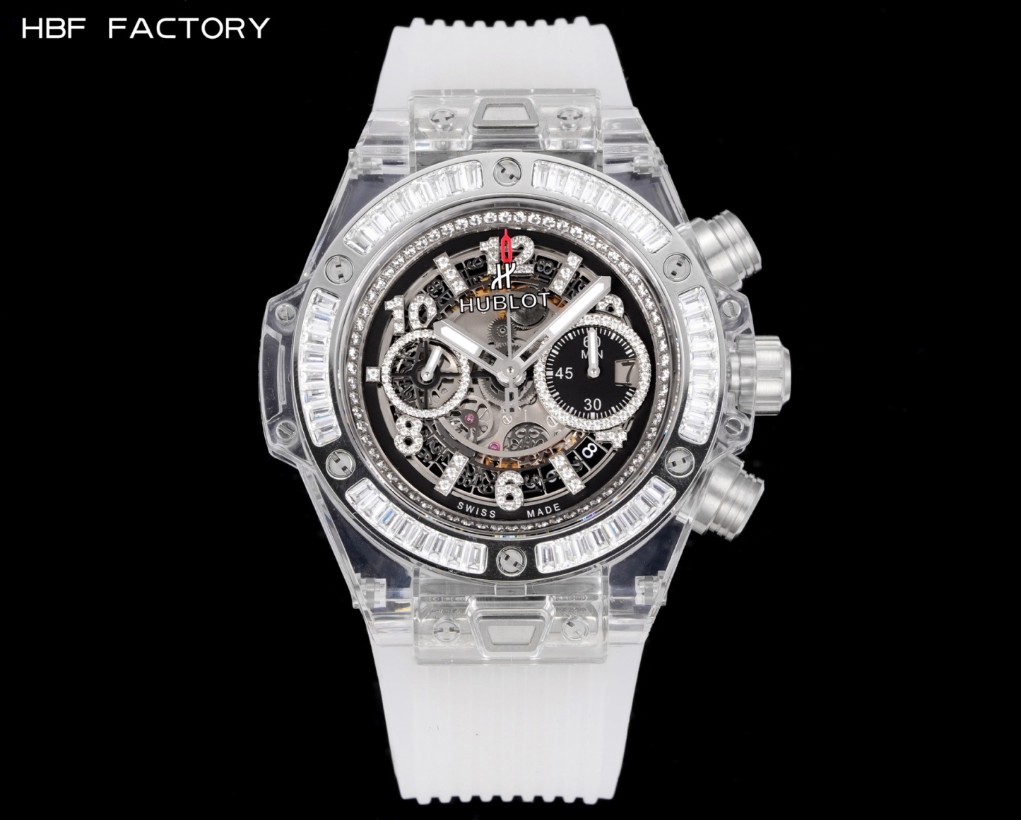 

 
HBF  FACTORY 恒宝HUBLOT 宇舶表年度最佳复刻作品——宇舶BIG BANG系列411.JX.4802.RT“全透明腕表”
【精彩细节】1.还原正品表盘后龙飞凤舞的镂空布局，2.采用与原装同样的丙烯酸有机玻璃极致克隆——完成不可能完成的任务。该材质不仅硬度高，且具有抗鑫腐蚀，耐磨损等卓越物理特性。
【机芯功能】腕表直径45mm。采用增强版计时7750机芯改原装HUB.1242型芯，实现所有功能吻合正装。
【精益求精】全力以赴，层层把关，在保证完美“透视感官”的同时，竭心尽力还原正品