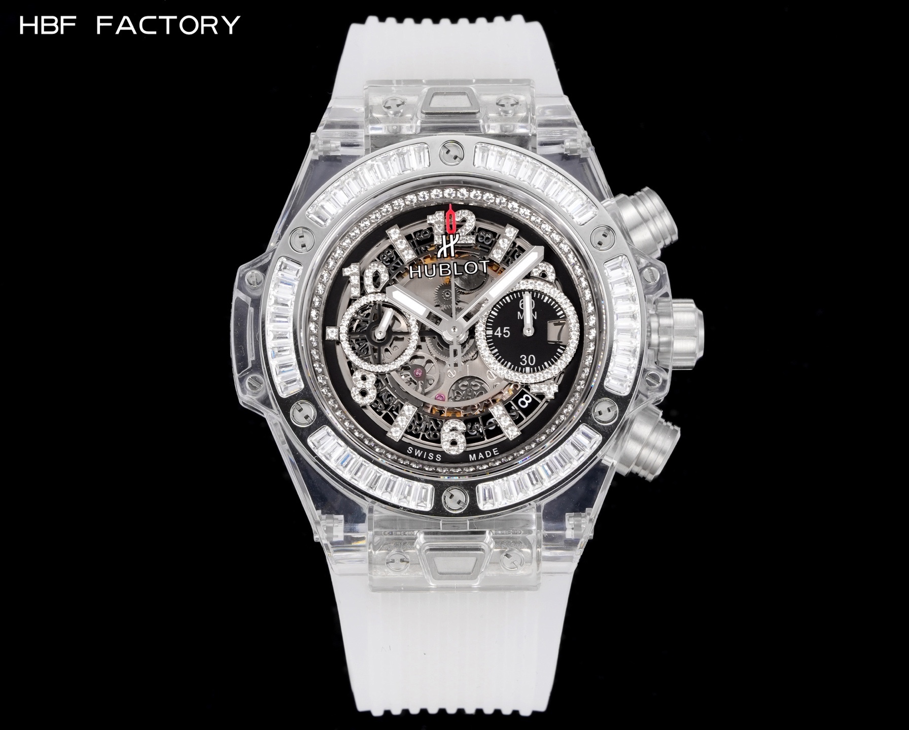 

 
HBF  FACTORY 恒宝HUBLOT 宇舶表年度最佳复刻作品——宇舶BIG BANG系列411.JX.4802.RT“全透明腕表”
【精彩细节】1.还原正品表盘后龙飞凤舞的镂空布局，2.采用与原装同样的丙烯酸有机玻璃极致克隆——完成不可能完成的任务。该材质不仅硬度高，且具有抗鑫腐蚀，耐磨损等卓越物理特性。
【机芯功能】腕表直径45mm。采用增强版计时7750机芯改原装HUB.1242型芯，实现所有功能吻合正装。
【精益求精】全力以赴，层层把关，在保证完美“透视感官”的同时，竭心尽力还原正品