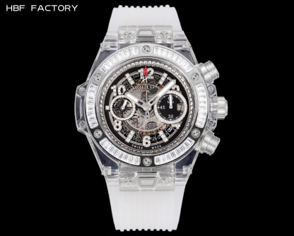 

 
HBF  FACTORY 恒宝HUBLOT 宇舶表年度最佳复刻作品——宇舶BIG BANG系列411.JX.4802.RT“全透明腕表”
【精彩细节】1.还原正品表盘后龙飞凤舞的镂空布局，2.采用与原装同样的丙烯酸有机玻璃极致克隆——完成不可能完成的任务。该材质不仅硬度高，且具有抗鑫腐蚀，耐磨损等卓越物理特性。
【机芯功能】腕表直径45mm。采用增强版计时7750机芯改原装HUB.1242型芯，实现所有功能吻合正装。
【精益求精】全力以赴，层层把关，在保证完美“透视感官”的同时，竭心尽力还原正品