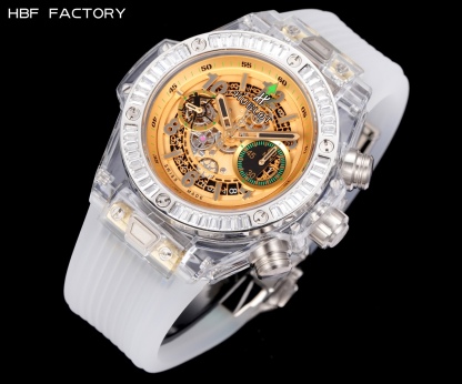 HBF  FACTORY 恆寶HUBLOT 宇舶表年度最佳復刻作品——宇舶BIG BANG系列411.JX.4802.RT“全透明腕表”
【精彩細節】1.還原正品錶盤後龍飛鳳舞的鏤空佈局，2.採用與原裝同樣的丙烯酸有機玻璃極致克隆——完成不可能完成的任務。該材質不僅硬度高，且具有抗鑫腐蝕，耐磨損等卓越物理特性。
【機芯功能】腕表直徑45mm。採用增強版計時7750機芯改原裝HUB.1242型芯，實現所有功能吻合正裝。
【精益求精】全力以赴，層層把關，在保證完美“透視感官”的同時，竭心盡力還原正品