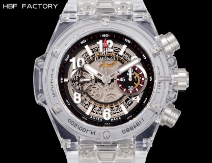 HBF  FACTORY 恆寶HUBLOT 宇舶表年度最佳復刻作品——宇舶BIG BANG系列411.JX.4802.RT“全透明腕表”
【精彩細節】1.還原正品錶盤後龍飛鳳舞的鏤空佈局，2.採用與原裝同樣的丙烯酸有機玻璃極致克隆——完成不可能完成的任務。該材質不僅硬度高，且具有抗鑫腐蝕，耐磨損等卓越物理特性。
【機芯功能】腕表直徑45mm。採用增強版計時7750機芯改原裝HUB.1242型芯，實現所有功能吻合正裝。
【精益求精】全力以赴，層層把關，在保證完美“透視感官”的同時，竭心盡力還原正品