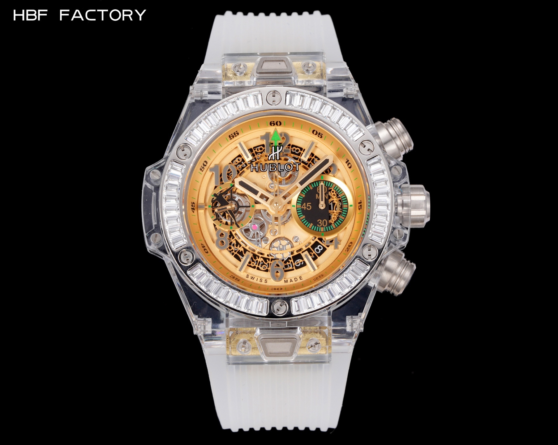 HBF  FACTORY 恆寶HUBLOT 宇舶表年度最佳復刻作品——宇舶BIG BANG系列411.JX.4802.RT“全透明腕表”
【精彩細節】1.還原正品錶盤後龍飛鳳舞的鏤空佈局，2.採用與原裝同樣的丙烯酸有機玻璃極致克隆——完成不可能完成的任務。該材質不僅硬度高，且具有抗鑫腐蝕，耐磨損等卓越物理特性。
【機芯功能】腕表直徑45mm。採用增強版計時7750機芯改原裝HUB.1242型芯，實現所有功能吻合正裝。
【精益求精】全力以赴，層層把關，在保證完美“透視感官”的同時，竭心盡力還原正品