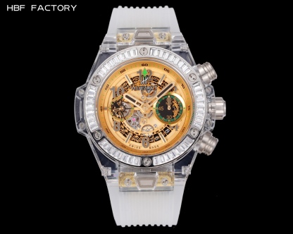 HBF  FACTORY 恆寶HUBLOT 宇舶表年度最佳復刻作品——宇舶BIG BANG系列411.JX.4802.RT“全透明腕表”
【精彩細節】1.還原正品錶盤後龍飛鳳舞的鏤空佈局，2.採用與原裝同樣的丙烯酸有機玻璃極致克隆——完成不可能完成的任務。該材質不僅硬度高，且具有抗鑫腐蝕，耐磨損等卓越物理特性。
【機芯功能】腕表直徑45mm。採用增強版計時7750機芯改原裝HUB.1242型芯，實現所有功能吻合正裝。
【精益求精】全力以赴，層層把關，在保證完美“透視感官”的同時，竭心盡力還原正品