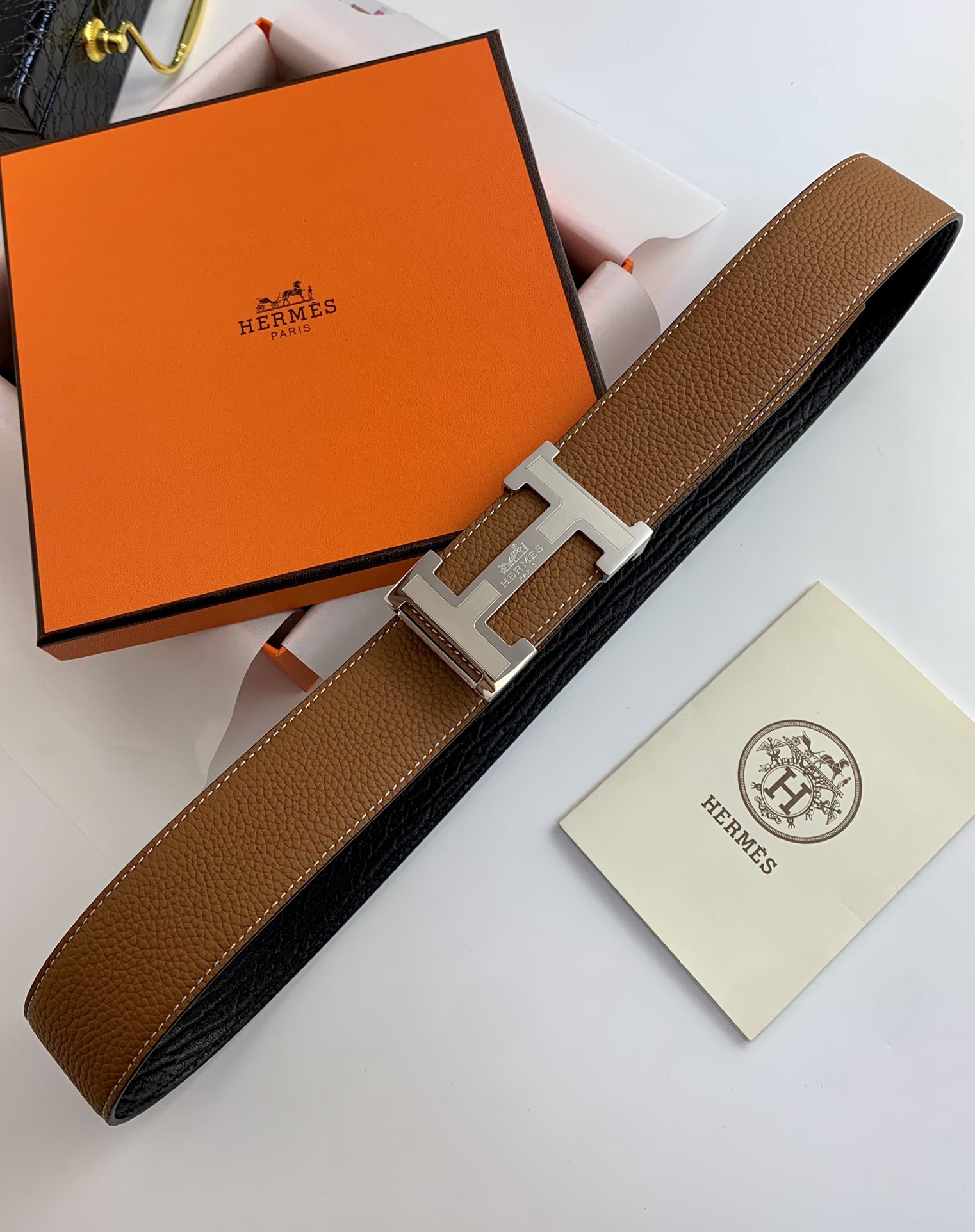 【H家】原單 大象紋黑色小牛皮腰帶，寬度3.8cm，內襯土黃色荔枝紋，搭配專櫃新款鋼扣.工藝精湛、手感柔軟、細膩，高端定制，經典之作.