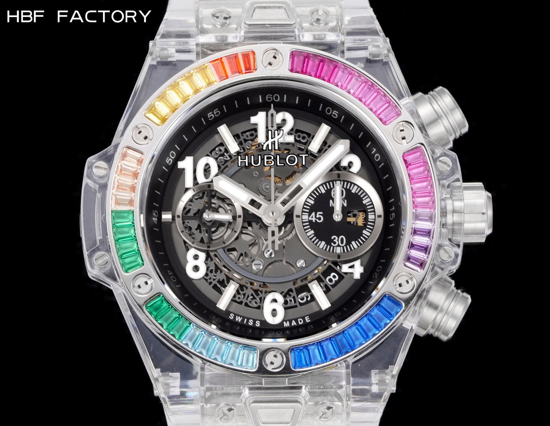 HBF  FACTORY 恆寶HUBLOT 宇舶表年度最佳復刻作品——宇舶BIG BANG系列411.JX.4802.RT“全透明腕表”
【精彩細節】1.還原正品錶盤後龍飛鳳舞的鏤空佈局，2.採用與原裝同樣的丙烯酸有機玻璃極致克隆——完成不可能完成的任務。該材質不僅硬度高，且具有抗鑫腐蝕，耐磨損等卓越物理特性。
【機芯功能】腕表直徑45mm。採用增強版計時7750機芯改原裝HUB.1242型芯，實現所有功能吻合正裝。
【精益求精】全力以赴，層層把關，在保證完美“透視感官”的同時，竭心盡力還原正品