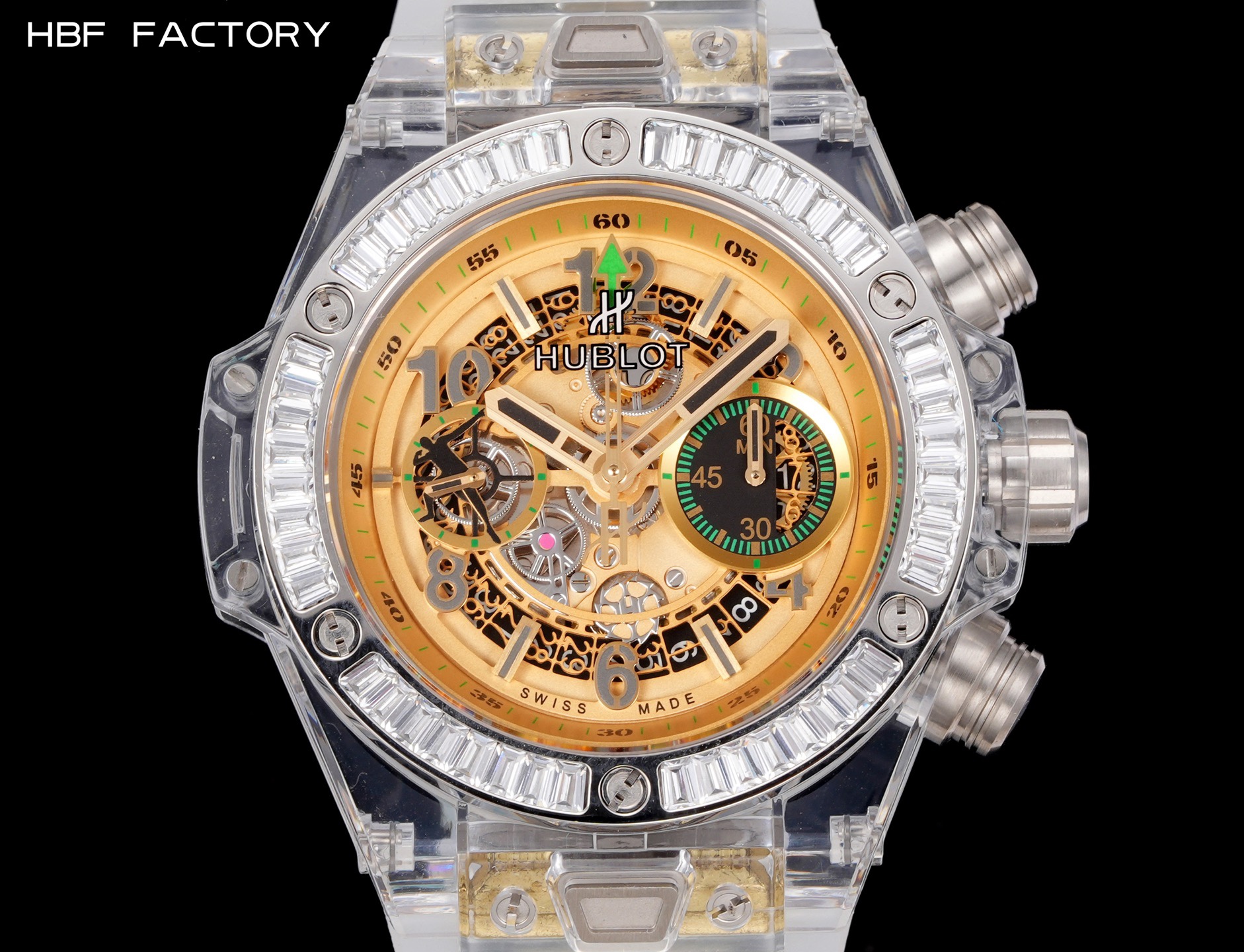 HBF  FACTORY 恆寶HUBLOT 宇舶表年度最佳復刻作品——宇舶BIG BANG系列411.JX.4802.RT“全透明腕表”
【精彩細節】1.還原正品錶盤後龍飛鳳舞的鏤空佈局，2.採用與原裝同樣的丙烯酸有機玻璃極致克隆——完成不可能完成的任務。該材質不僅硬度高，且具有抗鑫腐蝕，耐磨損等卓越物理特性。
【機芯功能】腕表直徑45mm。採用增強版計時7750機芯改原裝HUB.1242型芯，實現所有功能吻合正裝。
【精益求精】全力以赴，層層把關，在保證完美“透視感官”的同時，竭心盡力還原正品