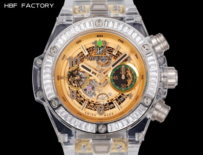 HBF  FACTORY 恆寶HUBLOT 宇舶表年度最佳復刻作品——宇舶BIG BANG系列411.JX.4802.RT“全透明腕表”
【精彩細節】1.還原正品錶盤後龍飛鳳舞的鏤空佈局，2.採用與原裝同樣的丙烯酸有機玻璃極致克隆——完成不可能完成的任務。該材質不僅硬度高，且具有抗鑫腐蝕，耐磨損等卓越物理特性。
【機芯功能】腕表直徑45mm。採用增強版計時7750機芯改原裝HUB.1242型芯，實現所有功能吻合正裝。
【精益求精】全力以赴，層層把關，在保證完美“透視感官”的同時，竭心盡力還原正品
