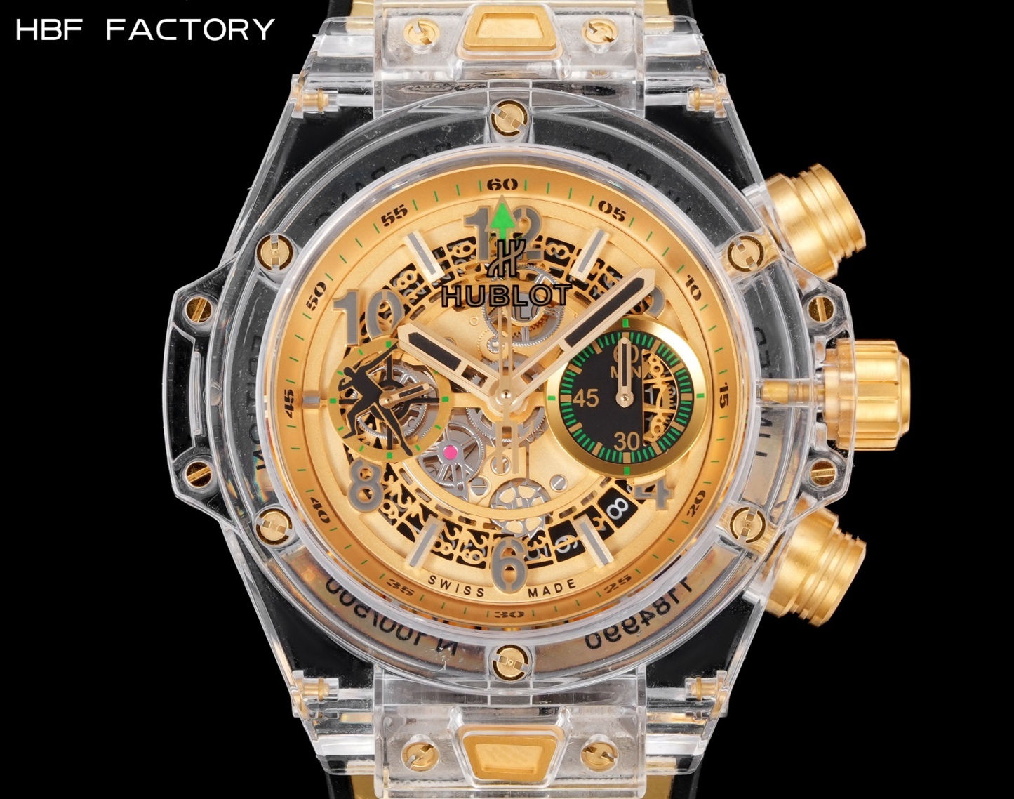 HBF  FACTORY 恆寶HUBLOT 宇舶表年度最佳復刻作品——宇舶BIG BANG系列411.JX.4802.RT“全透明腕表”
【精彩細節】1.還原正品錶盤後龍飛鳳舞的鏤空佈局，2.採用與原裝同樣的丙烯酸有機玻璃極致克隆——完成不可能完成的任務。該材質不僅硬度高，且具有抗鑫腐蝕，耐磨損等卓越物理特性。
【機芯功能】腕表直徑45mm。採用增強版計時7750機芯改原裝HUB.1242型芯，實現所有功能吻合正裝。
【精益求精】全力以赴，層層把關，在保證完美“透視感官”的同時，竭心盡力還原正品