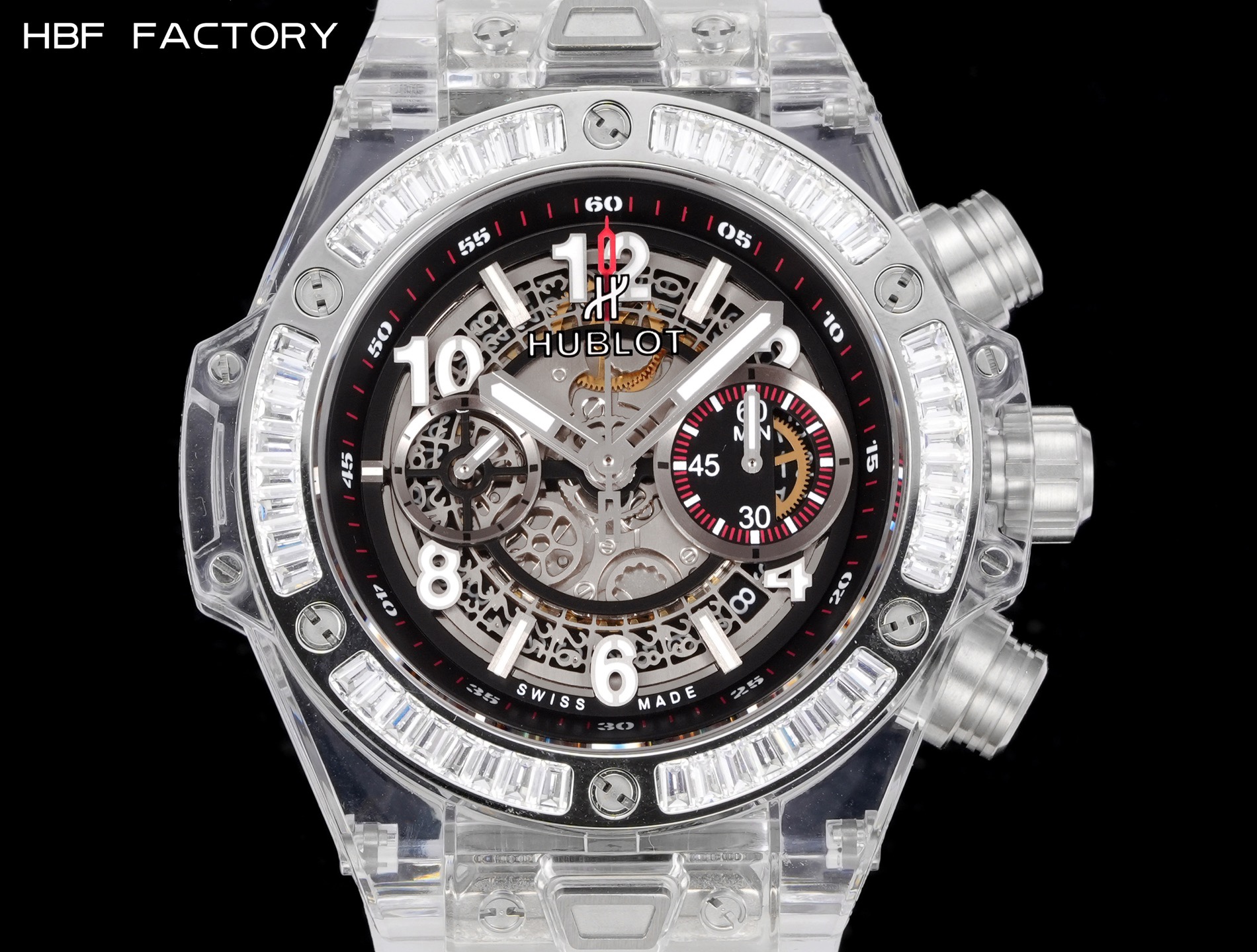 HBF  FACTORY 恆寶HUBLOT 宇舶表年度最佳復刻作品——宇舶BIG BANG系列411.JX.4802.RT“全透明腕表”
【精彩細節】1.還原正品錶盤後龍飛鳳舞的鏤空佈局，2.採用與原裝同樣的丙烯酸有機玻璃極致克隆——完成不可能完成的任務。該材質不僅硬度高，且具有抗鑫腐蝕，耐磨損等卓越物理特性。
【機芯功能】腕表直徑45mm。採用增強版計時7750機芯改原裝HUB.1242型芯，實現所有功能吻合正裝。
【精益求精】全力以赴，層層把關，在保證完美“透視感官”的同時，竭心盡力還原正品