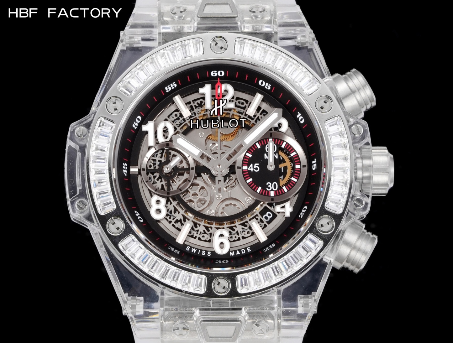 HBF  FACTORY 恆寶HUBLOT 宇舶表年度最佳復刻作品——宇舶BIG BANG系列411.JX.4802.RT“全透明腕表”
【精彩細節】1.還原正品錶盤後龍飛鳳舞的鏤空佈局，2.採用與原裝同樣的丙烯酸有機玻璃極致克隆——完成不可能完成的任務。該材質不僅硬度高，且具有抗鑫腐蝕，耐磨損等卓越物理特性。
【機芯功能】腕表直徑45mm。採用增強版計時7750機芯改原裝HUB.1242型芯，實現所有功能吻合正裝。
【精益求精】全力以赴，層層把關，在保證完美“透視感官”的同時，竭心盡力還原正品