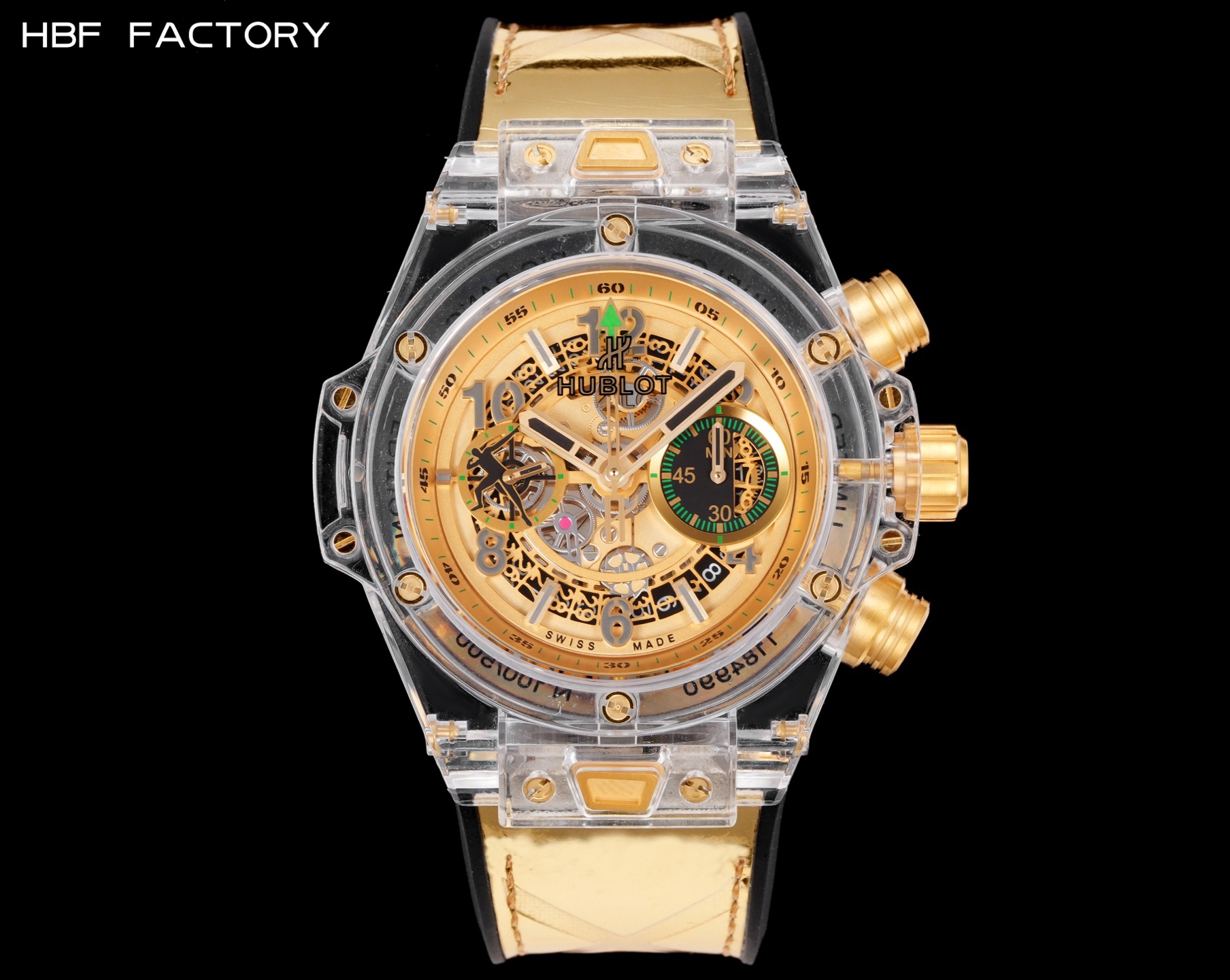 HBF  FACTORY 恆寶HUBLOT 宇舶表年度最佳復刻作品——宇舶BIG BANG系列411.JX.4802.RT“全透明腕表”
【精彩細節】1.還原正品錶盤後龍飛鳳舞的鏤空佈局，2.採用與原裝同樣的丙烯酸有機玻璃極致克隆——完成不可能完成的任務。該材質不僅硬度高，且具有抗鑫腐蝕，耐磨損等卓越物理特性。
【機芯功能】腕表直徑45mm。採用增強版計時7750機芯改原裝HUB.1242型芯，實現所有功能吻合正裝。
【精益求精】全力以赴，層層把關，在保證完美“透視感官”的同時，竭心盡力還原正品