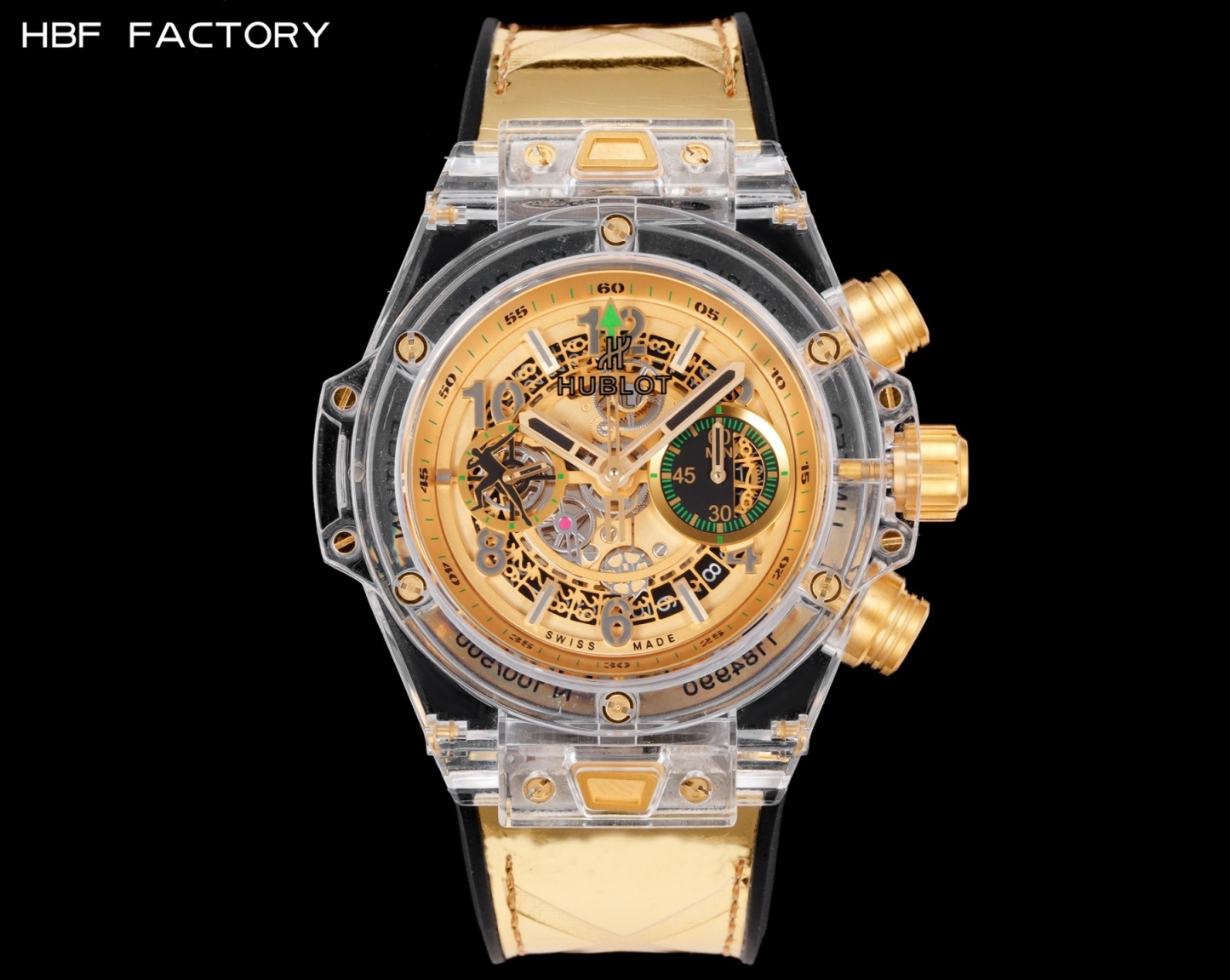 HBF  FACTORY 恆寶HUBLOT 宇舶表年度最佳復刻作品——宇舶BIG BANG系列411.JX.4802.RT“全透明腕表”
【精彩細節】1.還原正品錶盤後龍飛鳳舞的鏤空佈局，2.採用與原裝同樣的丙烯酸有機玻璃極致克隆——完成不可能完成的任務。該材質不僅硬度高，且具有抗鑫腐蝕，耐磨損等卓越物理特性。
【機芯功能】腕表直徑45mm。採用增強版計時7750機芯改原裝HUB.1242型芯，實現所有功能吻合正裝。
【精益求精】全力以赴，層層把關，在保證完美“透視感官”的同時，竭心盡力還原正品