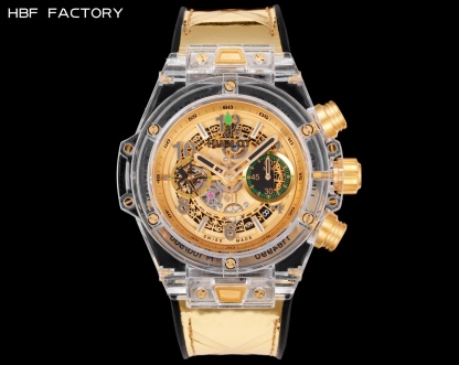 HBF  FACTORY 恆寶HUBLOT 宇舶表年度最佳復刻作品——宇舶BIG BANG系列411.JX.4802.RT“全透明腕表”
【精彩細節】1.還原正品錶盤後龍飛鳳舞的鏤空佈局，2.採用與原裝同樣的丙烯酸有機玻璃極致克隆——完成不可能完成的任務。該材質不僅硬度高，且具有抗鑫腐蝕，耐磨損等卓越物理特性。
【機芯功能】腕表直徑45mm。採用增強版計時7750機芯改原裝HUB.1242型芯，實現所有功能吻合正裝。
【精益求精】全力以赴，層層把關，在保證完美“透視感官”的同時，竭心盡力還原正品