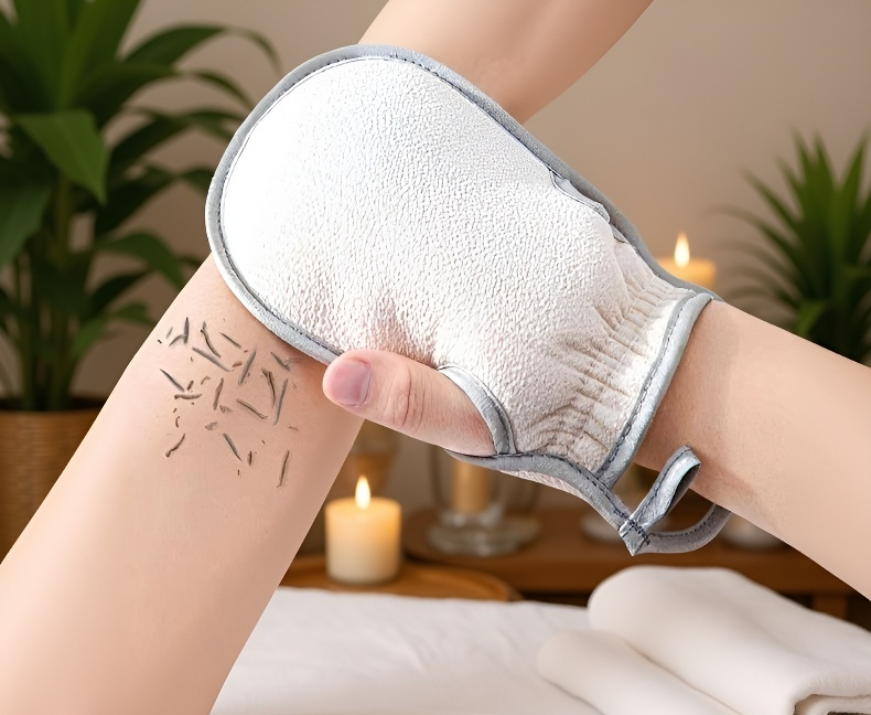 Exfoliating scrub mitts used in shower