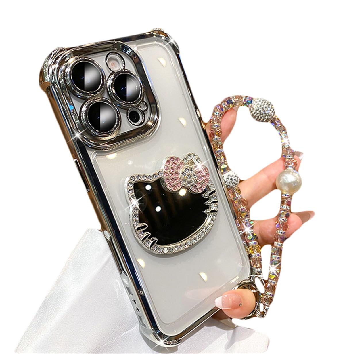 iPhone 17 用 ケース 耐衝撃 滑り止め 指紋防止 iPhone 16 用 ケース化粧ミラー付き チェーン付き 可愛いキティちゃん 人気スマホケース耐久性 カバー ワイヤレス充電対応 アイフォン 17 用カバー 6.3 インチ (シルバー, iPhone17 用)