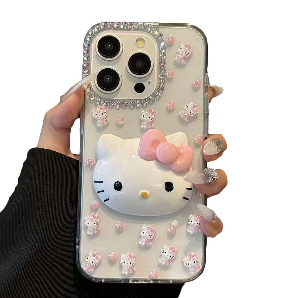 キティちゃん スマホケース対応 iPhone 用 ケース韓国 かわいい人気スマホケース おしゃれ シンプル キラキラ ラインストーン付きぬいぐるみ 携帯カバー 全面保護 耐衝撃 軽量