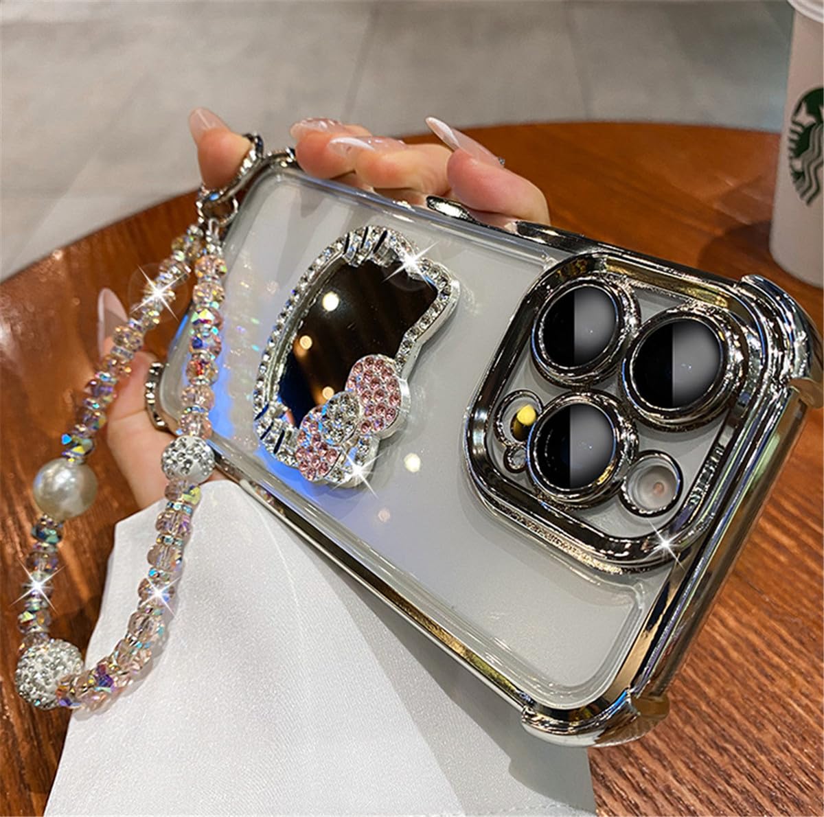 iPhone 17 用 ケース 耐衝撃 滑り止め 指紋防止 iPhone 16 用 ケース化粧ミラー付き チェーン付き 可愛いキティちゃん 人気スマホケース耐久性 カバー ワイヤレス充電対応 アイフォン 17 用カバー 6.3 インチ (シルバー, iPhone17 用)