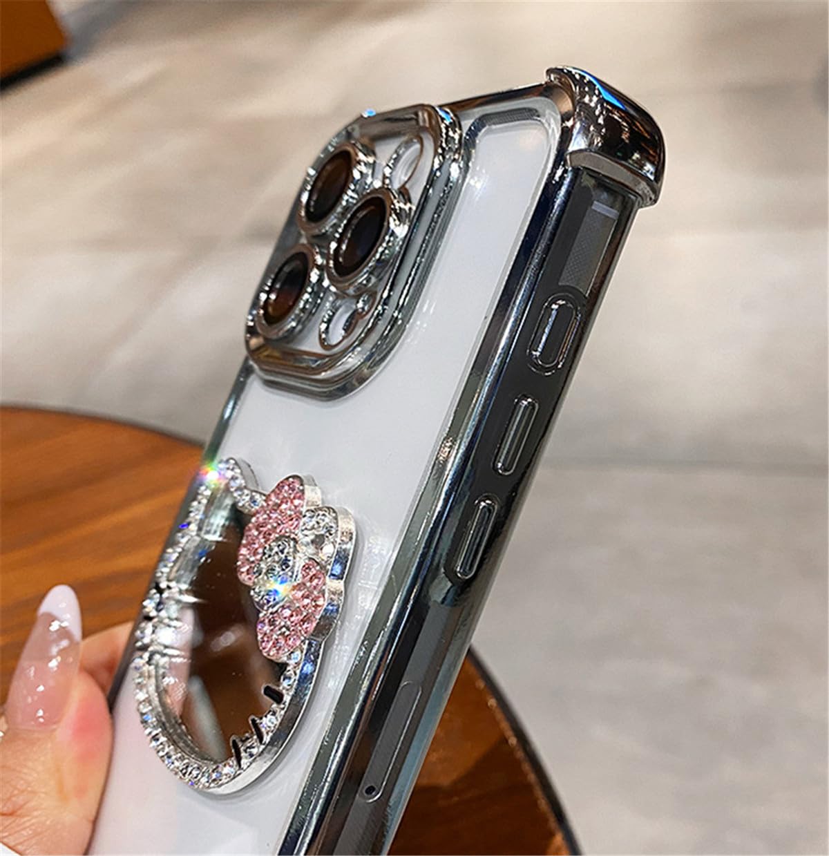 iPhone 17 用 ケース 耐衝撃 滑り止め 指紋防止 iPhone 16 用 ケース化粧ミラー付き チェーン付き 可愛いキティちゃん 人気スマホケース耐久性 カバー ワイヤレス充電対応 アイフォン 17 用カバー 6.3 インチ (シルバー, iPhone17 用)