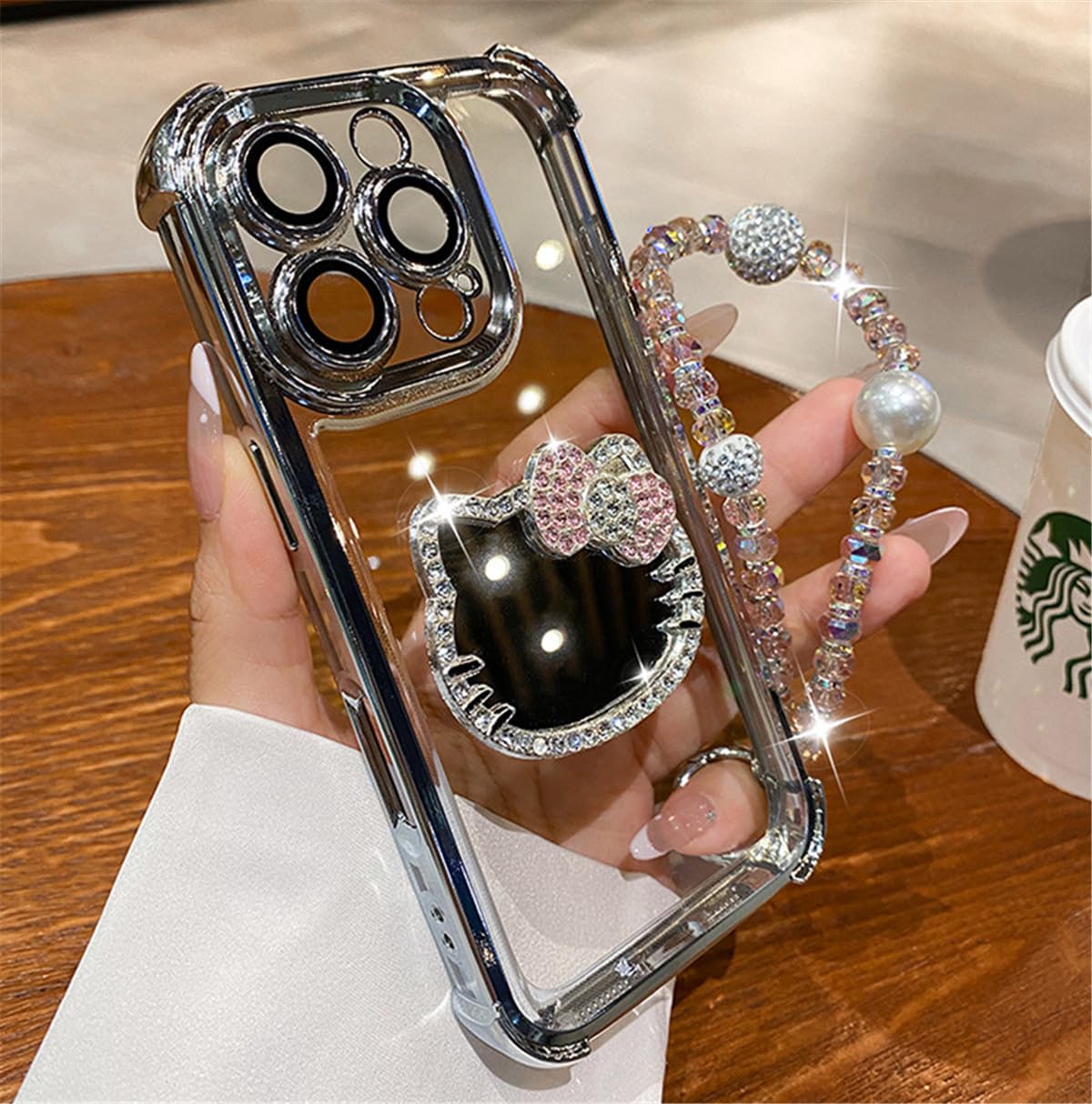 iPhone 17 用 ケース 耐衝撃 滑り止め 指紋防止 iPhone 16 用 ケース化粧ミラー付き チェーン付き 可愛いキティちゃん 人気スマホケース耐久性 カバー ワイヤレス充電対応 アイフォン 17 用カバー 6.3 インチ (シルバー, iPhone17 用)