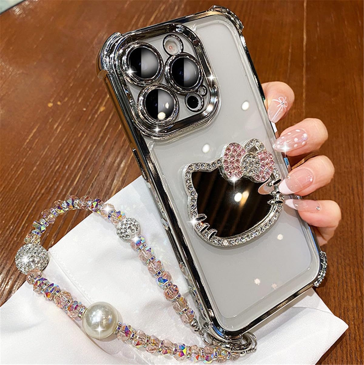 iPhone 17 用 ケース 耐衝撃 滑り止め 指紋防止 iPhone 16 用 ケース化粧ミラー付き チェーン付き 可愛いキティちゃん 人気スマホケース耐久性 カバー ワイヤレス充電対応 アイフォン 17 用カバー 6.3 インチ (シルバー, iPhone17 用)