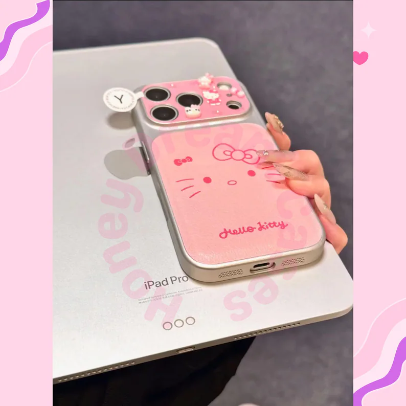 ピンクのハローキティレザーiPhoneケース、リボンハローキティiPhone 17 16 15 14 13 Pro Maxケース、ハローキティiPhoneカバーケース、彼女へのギフト