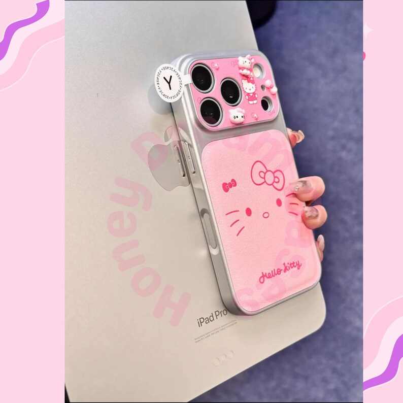 ピンクのハローキティレザーiPhoneケース、リボンハローキティiPhone 17 16 15 14 13 Pro Maxケース、ハローキティiPhoneカバーケース、彼女へのギフト