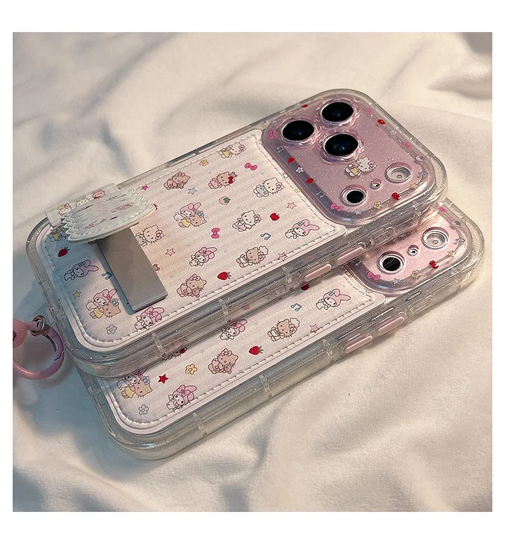 キティ＆マイメロディ 折りたたみスタンド iPhone 17 Pro Max ケース iPhone 16 Pro/15 Pro/14 /13 用 可愛い シリコン 革風 ソフトケース 衝撃保護